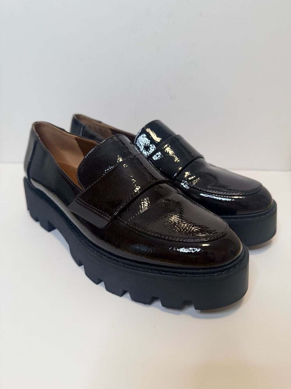 Franco Sarto Brindy Platform Loafers Brown Faux Patent Chunky Lug Sole Size 8.5M